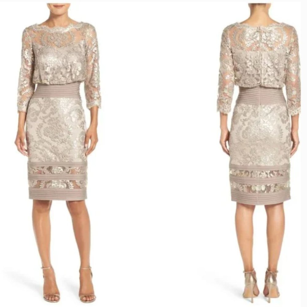 Tadashi Shoji Sequin Lace Blouson Dress 10 Light Brown Mother Of Bride Midi